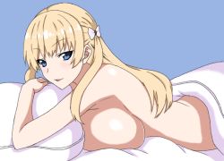 Rule 34 | 1girl, bed, blonde hair, blue eyes, breast press, breasts, female focus, hair ornament, huge breasts, long hair, looking at viewer, lying, mariana princilla, nude, on stomach, parted lips, pillow, profile, reco love, reco love gold beach, simple background, solo, tawashi1623