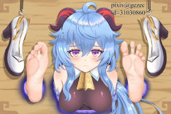 Rule 34 | 1girl, barefoot, blue hair, blush, feet, ganyu (genshin impact), genshin impact, gezec, highres, horns, long hair, looking at viewer, purple eyes, restrained, smile, soles, solo, toes