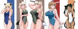 Rule 34 | 5girls, ahoge, alternate hairstyle, animal ears, arm behind back, arm behind head, arm up, bird tail, blonde hair, blue eyes, blunt bangs, blush, breasts, cat ears, cat tail, charlotte e. yeager, cleavage, collarbone, competition swimsuit, covered navel, cowboy shot, dark-skinned female, dark skin, eyebrows, fang, flat chest, flying sweatdrops, francesca lucchini, glasses, grin, hair ribbon, hair up, hanna-justina marseille, head wings, highres, huge breasts, komusou (jinrikisha), large breasts, long hair, multiple girls, one-piece swimsuit, open mouth, outline, perrine h. clostermann, ponytail, rabbit ears, rabbit girl, rabbit tail, raisa pottgen, ribbon, short hair, sideboob, small breasts, smile, strike witches, swimsuit, tail, taut clothes, taut swimsuit, twintails, wings, witches of africa, world witches series, yellow eyes