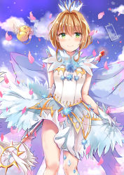 Rule 34 | 1girl, bad id, bad pixiv id, blue sky, blush, breasts, brown hair, cardcaptor sakura, closed mouth, cloud, commentary request, dress, feathered wings, gloves, green eyes, hair between eyes, highres, kero (cardcaptor sakura), kinomoto sakura, konka, looking at viewer, petals, see-through, sky, small breasts, smile, white dress, white gloves, white wings, wings, yume no tsue