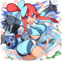 Rule 34 | 10s, 1girl, :d, \o/, arched back, arms up, ass, bad id, bad pixiv id, blue eyes, breasts, creatures (company), crop top, flower, game freak, gen 5 pokemon, gloves, gym leader, hair between eyes, hair ornament, long hair, long sleeves, looking at viewer, nintendo, one side up, open mouth, outstretched arms, petals, plant, pokemon, pokemon (creature), pokemon bw, red hair, saitou naoki, short shorts, shorts, skyla (pokemon), smile, suspenders, swanna, swoobat, thighs, twisted torso