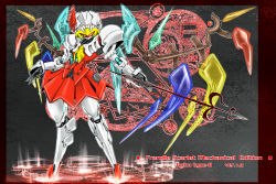 Rule 34 | 1girl, armor, blonde hair, character name, crystal, female focus, flandre scarlet, full body, highres, holding, holding weapon, ledjoker07, magical girl, mecha, mechanical wings, mechanization, polearm, robot, solo, spear, standing, touhou, weapon, wings