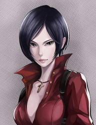 Rule 34 | 1girl, ada wong, black hair, breasts, brown eyes, cleavage, cross, cross necklace, high collar, highres, holster, jewelry, lips, looking at viewer, medium breasts, medium hair, necklace, no bra, parted bangs, red shirt, resident evil, resident evil 6, shirt, shoulder holster, solo, to-ru, unbuttoned, upper body