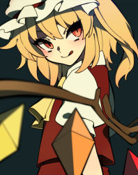 Rule 34 | 1girl, akamata, ascot, bad id, bad pixiv id, blonde hair, blurry, blush, crystal, flandre scarlet, hat, hat ribbon, looking to the side, mob cap, puffy sleeves, red eyes, ribbon, shirt, short hair, short sleeves, side ponytail, simple background, skirt, slit pupils, smile, solo, tongue, tongue out, touhou, upper body, vest, wings