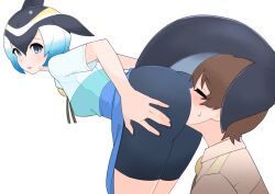 Rule 34 | 1boy, 1girl, ass, bike shorts, black hair, blonde hair, blue hair, blue shirt, blue skirt, blush, breasts, brown hair, brown shirt, captain (kemono friends), cetacean tail, closed eyes, commentary, common dolphin (kemono friends), cowboy shot, face in ass, fins, fish tail, gradient hair, hair between eyes, hetero, highres, illu (illu stratos), kemono friends, kemono friends 3, leaning forward, medium bangs, multicolored hair, open mouth, shirt, short hair, simple background, skirt, small breasts, symbol-only commentary, tail, upper body, white background, white hair, white shirt