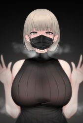 Rule 34 | 1girl, absurdres, arms up, breasts, earrings, grey eyes, highres, jewelry, jjanda, large breasts, looking at viewer, mask, mouth mask, original, ribbed sweater, short hair, solo, surgical mask, sweater