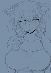 Rule 34 | 1girl, :/, animal ears, bare shoulders, braid, breasts, cat ears, cleavage, collarbone, drinking, kaenbyou rin, large breasts, looking at viewer, mizuga, monochrome, pointy ears, solo, sweat, tank top, touhou, twin braids, upper body
