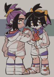 Rule 34 | 2boys, :&lt;, ahoge, bags under eyes, black hair, blue shirt, collared shirt, commentary request, creatures (company), crossed bangs, dual persona, frown, full body, game freak, gloves, hair between eyes, hair tie, hair tied, hair up, hairband, jacket, kieran (pokemon), looking at viewer, looking back, looking to the side, loose hair strand, lunchbox (artist), male focus, mole, mole on neck, multicolored hair, multiple boys, necktie, nintendo, parted lips, partially fingerless gloves, pokemon, pokemon sv, ponytail, purple hair, red necktie, red tank top, shirt, short hair, shorts, simple background, strap, tank top, two-tone hair, white footwear, white jacket, white shorts, yellow eyes