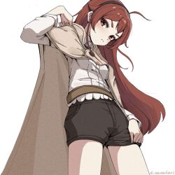 Rule 34 | 1girl, ahoge, black hairband, black shorts, brown cloak, cloak, closed mouth, eris greyrat, feet out of frame, from below, hair flaps, hairband, highres, long hair, long sleeves, looking at viewer, mushoku tensei, nanao gan, red eyes, red hair, shirt, shorts, simple background, solo, standing, thick eyebrows, twitter username, white background, white shirt