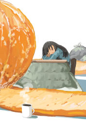 Rule 34 | 1girl, absurdres, black hair, blue shirt, closed eyes, coffee cup, commentary request, cup, disposable cup, food, fruit, highres, katakai, kotatsu, long hair, long sleeves, mandarin orange, open mouth, original, oversized food, oversized object, shirt, simple background, sleeping, solo, table, white background