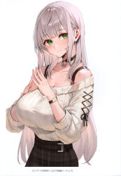 Rule 34 | 1girl, absurdres, bare shoulders, belt, blush, breasts, choker, cleavage, closed mouth, collarbone, green eyes, grey hair, hands up, head tilt, highres, hololive, large breasts, long hair, looking at viewer, official alternate costume, own hands together, ribbed sweater, scan, shiny skin, shirogane noel, shirogane noel (casual), simple background, smile, sweater, upper body, virtual youtuber, watao, watch, white background, wristwatch