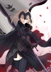 Rule 34 | 1girl, armor, armored dress, banner, breasts, cape, cherry blossoms, fate/apocrypha, fate/grand order, fate (series), fur-trimmed cape, fur collar, fur trim, gauntlets, headpiece, highres, jeanne d&#039;arc (fate), jeanne d&#039;arc alter (avenger) (fate), jeanne d&#039;arc alter (fate), large breasts, nana (nanaart), pink background, short hair, silver hair, solo, sword, thighhighs, tsurime, weapon, yellow eyes