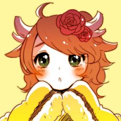 Rule 34 | 1girl, :o, ahoge, antlers, blush, brown hair, flower, fur trim, green eyes, hair flower, hair ornament, horns, kano (p&amp;d), long hair, long sleeves, open mouth, pikomarie, puzzle &amp; dragons, sleeves past wrists, solo, upper body, yellow background
