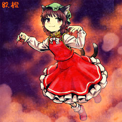 Rule 34 | 1girl, animal ears, bad id, bad pixiv id, bow, bowtie, brown eyes, brown hair, cat ears, cat tail, chen, chinese clothes, dress, earrings, fingernails, full body, green hat, hat, jewelry, long sleeves, lowres, matching hair/eyes, meimaru inuchiyo, mob cap, multiple tails, nail polish, red dress, red footwear, red nails, sharp fingernails, shoes, short hair, single earring, solo, tail, touhou, two tails, white bow, white bowtie, white legwear