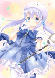 Rule 34 | 1girl, animal hat, blue bow, blue eyes, blue footwear, blue hair, blue skirt, blue vest, blush, bow, brooch, character hat, commentary request, frilled skirt, frills, gloves, gochuumon wa usagi desu ka?, hair between eyes, hair ornament, hat, highres, holding, holding spoon, holding wand, inahori, jewelry, kafuu chino, loafers, long hair, looking at viewer, magical girl, oversized object, pantyhose, parted lips, pleated skirt, puffy short sleeves, puffy sleeves, rabbit hat, shirt, shoes, short sleeves, skirt, solo, spoon, star (symbol), tippy (gochiusa), twintails, very long hair, vest, wand, white gloves, white hat, white pantyhose, white shirt, x hair ornament