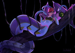 Rule 34 | 1girl, clenched teeth, hand on own face, looking at viewer, mega man (series), mega man star force, monster girl, on tree, queen ophiuca (mega man), red eyes, smile, snake, solo, teeth, tsuchibori