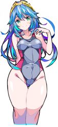 Rule 34 | 1girl, blue eyes, blue hair, blush, commentary request, competition swimsuit, covered navel, enpe, fire emblem, fire emblem awakening, graphite (medium), highres, long hair, looking at viewer, lucina (fire emblem), nintendo, one-piece swimsuit, simple background, smile, solo, standing, swimsuit, tiara, traditional media, white background