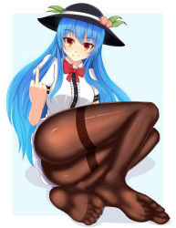 Rule 34 | 1girl, black hat, black pantyhose, blue hair, blush, bow, bowtie, center frills, chinese text, closed mouth, commentary, dress shirt, feet, food, frills, fruit, full body, hat, highres, hinanawi tenshi, leaf, long hair, looking at viewer, lying, middle finger, nekoda (maoda), no shoes, on side, orange eyes, pantyhose, peach, puffy short sleeves, puffy sleeves, red bow, red bowtie, revision, shirt, short sleeves, sidelocks, smile, soles, solo, thighband pantyhose, toes, touhou, very long hair, white background, white shirt