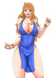 Rule 34 | 1girl, armpits, arms behind head, arms up, blue dress, blush, breasts, cameltoe, cleavage, curvy, dress, highres, huge breasts, long dress, long hair, looking at viewer, nami (one piece), navel, nekuraneko, one piece, orange hair, pussy, smile, solo, standing, thick thighs, thighs