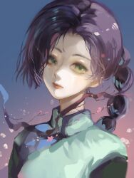 1girl absurdres aqua_dress black_hair blue_background braid braided_ponytail branch china_dress chinese_clothes dress fei_zou_yi_guo_gezi flower gradient_background green_eyes high_braided_ponytail highres looking_at_viewer mole mole_under_each_eye mole_under_eye multiple_moles pink_background pink_flower scissor_seven solo thirteen_(scissor_seven) upper_body