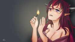 Rule 34 | 1girl, bare shoulders, breasts, cleavage, demon horns, fire, gradient background, grey background, heterochromia, highres, hololive, hololive english, horns, irys (hololive), large breasts, long hair, looking up, matches, off-shoulder shirt, off shoulder, open mouth, otaku cheng, pointy ears, purple eyes, purple hair, purple shirt, red eyes, shirt, signature, tearing up, tears, twitter username, virtual youtuber