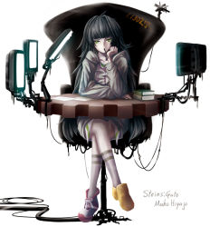 Rule 34 | 1girl, 5pb., asymmetrical footwear, black hair, book, chair, character name, copyright name, crossed legs, desk, gears, green hair, hiyajou maho, hood, hoodie, jitome, long hair, md5 mismatch, mismatched footwear, mouth hold, nitroplus, pen, resolution mismatch, science adventure, screen, sitting, solo, source larger, steins;gate, tabix0819, very long hair
