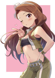 Rule 34 | 1girl, absurdres, bare shoulders, belt, black tube top, blush, breasts, brown eyes, brown hair, cleavage, cowboy shot, cropped jacket, dot nose, green jacket, green pants, green wristband, grey belt, grid background, hairband, hand on own hip, hand up, heart, highres, idolmaster, idolmaster (classic), idolmaster million live!, idolmaster million live! theater days, jacket, long hair, looking at viewer, midriff, minase iori, navel, one eye closed, open clothes, open jacket, outside border, pants, pink background, red eyes, shuucream (syuichi), small breasts, smile, solo, strapless, tube top, two-tone background, w, white background, white hairband