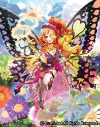 Rule 34 | 1girl, blonde hair, blue eyes, breasts, butterfly wings, cardfight!! vanguard, cleavage, cloud, company name, copyright name, curly hair, flower, hair flower, hair ornament, hair over one eye, insect wings, leaf, long hair, moreshan, official art, open mouth, side ponytail, sky, solo, sparkle, teeth, thighhighs, wand, weather girl shake, wings