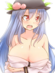 Rule 34 | 1girl, alternate breast size, bare shoulders, blue hair, breast hold, breasts, cleavage, food, fruit, hat, hinanawi tenshi, huge breasts, long hair, open mouth, peach, red eyes, solo, tori (minamopa), touhou