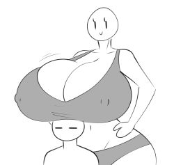 Rule 34 | 1boy, 1girl, blonde hair, breast rest, breasts, breasts on head, collarbone, gigantic breasts, hand on own hip, highres, monochrome, nipples, size difference, solo, tagme, theycallhimcake, white background