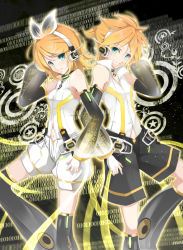 Rule 34 | 1boy, 1girl, aqua eyes, back-to-back, bad id, bad pixiv id, bare shoulders, bass clef, binary, blonde hair, brother and sister, detached sleeves, green eyes, hand on own ear, headphones, kagamine len, kagamine rin, kujou ichiso, looking at viewer, navel, over-kneehighs, short hair, shorts, siblings, smile, thighhighs, treble clef, twins, vocaloid, vocaloid append