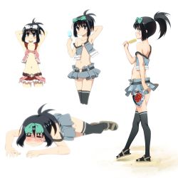 Rule 34 | 00s, 1girl, :3, armpits, arms behind back, arms up, back, bare shoulders, belt, black hair, black thighhighs, blue eyes, blush, bow, closed eyes, crescent, crescent moon, duplicate, flapper shirt, flat chest, food, hair bow, hair ribbon, hand fan, highres, kunihiro hajime, looking at viewer, lying, midiman, midriff, miniskirt, moon, multiple views, navel, non-web source, ponytail, popsicle, revealing clothes, ribbon, saki (manga), sandals, shirt, short hair, simple background, skirt, smile, star (symbol), strap slip, sweat, tattoo, thighhighs