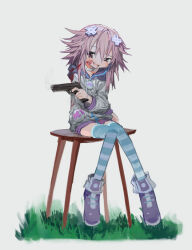 Rule 34 | 1girl, blood, blood on clothes, blood on face, blue thighhighs, boots, collar, commentary, crossed arms, d-pad, d-pad hair ornament, english commentary, full body, grass, grey background, grey hoodie, gun, hair ornament, handgun, holding, holding gun, holding weapon, hood, hood down, hoodie, knees together feet apart, kokaki mumose, laughing, long sleeves, looking to the side, medium hair, multicolored clothes, multicolored hoodie, neptune (neptunia), neptune (series), open mouth, pink hair, purple eyes, purple hoodie, raised eyebrow, simple background, sitting, sitting on table, smile, smoke, smoking barrel, solo, striped clothes, striped thighhighs, table, tearing up, thighhighs, weapon, white collar