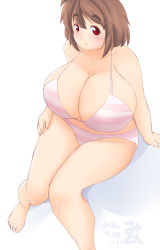 Rule 34 | 1girl, blush, breasts, brown hair, cleavage, eno konoe, huge breasts, looking at viewer, mikomu, original, parted lips, plump, red eyes, sitting, solo, swimsuit, thick eyebrows