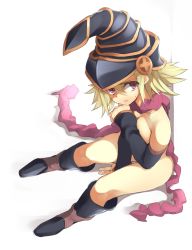 Rule 34 | 1girl, arm support, bad id, bad pixiv id, blonde hair, boots, breasts, covering privates, covering breasts, detached sleeves, duel monster, full body, gagaga girl, hat, highres, knee boots, looking away, medium breasts, naked scarf, nishimuku meri, nude, red eyes, scarf, simple background, sitting, solo, spiked hair, sweat, white background, wizard hat, yu-gi-oh!, yu-gi-oh! zexal, yuu-gi-ou, yuu-gi-ou zexal