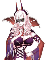 Rule 34 | 1girl, breasts, carmilla (fate), dress, fate/grand order, fate (series), finger to mouth, fingernails, hand on own hip, highres, horns, itou yuuji, large breasts, lipstick, long fingernails, long hair, makeup, mask, nail polish, raised eyebrow, red nails, sharp fingernails, simple background, smile, solo, white background, white hair, yellow eyes