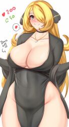 Rule 34 | 1girl, anisdrawn, black choker, black dress, blonde hair, blush, breasts, choker, cleavage, commentary, covered navel, cowboy shot, creatures (company), cynthia (pokemon), dress, game freak, grey eyes, groin, highres, jewelry, large breasts, long hair, looking at viewer, nintendo, nose blush, pendant, pokemon, pokemon dppt, simple background, smile, solo, standing, thighs, very long hair, white background