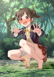 Rule 34 | 1girl, barefoot, black jacket, blazer, blush, breasts, brown hair, brown skirt, bush, double bun, dress shirt, embarrassed, exhibitionism, foliage, grass, hair bun, hair strand, highres, idolmaster, idolmaster shiny colors, jacket, kapurikon, long hair, motion lines, neck ribbon, nose blush, open mouth, outstretched hand, panties, pee, peeing, plaid, plaid skirt, public indecency, raised eyebrows, ribbon, school uniform, shirt, skirt, small breasts, solo, sonoda chiyoko, squatting, stained panties, steam, surprised, sweat, sweater vest, tan sweater, tree, underwear, white shirt, yellow ribbon