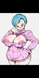 Rule 34 | areola slip, ass, blue eyes, blue hair, breasts, bulma, blue hair, dragon ball, dragonball z, dress, earrings, highres, huge ass, huge breasts, jewelry, rickert kai, sex, simple background, sweater, sweater around neck, sweater dress, tagme