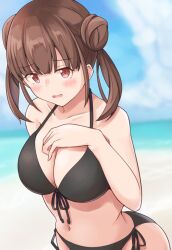Rule 34 | 1girl, bare shoulders, beach, bikini, black bikini, blue sky, blurry, blurry background, blush, breasts, brown hair, cleavage, cloud, collarbone, day, dot nose, double bun, front-tie bikini top, front-tie top, hair bun, hand on own chest, hand up, highres, horizon, idolmaster, idolmaster shiny colors, large breasts, long hair, looking at viewer, navel, ocean, open mouth, outdoors, red eyes, shy, side-tie bikini bottom, sky, solo, sonoda chiyoko, sumice, swimsuit, twintails, upper body