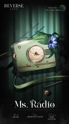 Rule 34 | blue flower, character name, commentary, copyright name, cursive, dark, dial, english text, eye of providence, eye symbol, floating, flower, green background, green curtains, highres, leaf, logo, ms. radio, no humans, object focus, official art, radio, radio antenna, reverse:1999, shadow, spotlight, still life, triangle, zinnia