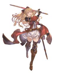 Rule 34 | 1girl, absurdres, black thighhighs, blonde hair, boots, bow, dress, full body, gauntlets, granblue fantasy, granblue fantasy versus, hair bow, highres, holding, holding sword, holding weapon, knee boots, long hair, looking at viewer, official art, ponytail, red eyes, sheath, short dress, skirt, solo, sword, thighhighs, transparent background, vira (granblue fantasy), weapon, zettai ryouiki