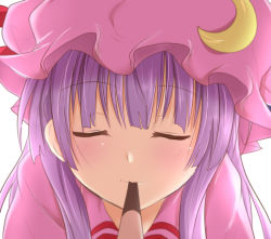 Rule 34 | 1girl, adjusting hair, blunt bangs, blurry, blush, bow, bowtie, close-up, closed eyes, closed mouth, crescent, depth of field, facing viewer, food, hand in own hair, hat, head tilt, long hair, mob cap, mouth hold, patchouli knowledge, pink hat, pocke, pocky, pocky kiss, pov, purple hair, ram hachimin, red bow, red bowtie, shared food, sidelocks, simple background, smile, solo, touhou, tsurime, upper body, white background, wing collar