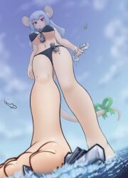 Rule 34 | 1girl, aircraft, alloyrabbit, animal ears, bikini, blush, boat, breasts, covered erect nipples, destruction, feet, giant, giantess, grey hair, helicopter, highres, large breasts, looking at viewer, looking down, mouse ears, mouse girl, mouse tail, red eyes, ribbon, solo, swimsuit, tail, watercraft