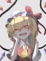 Rule 34 | 1girl, :d, ascot, blush, bow, commentary request, crystal, eyebrows hidden by hair, fangs, flandre scarlet, glowing, glowing eyes, grey background, hair behind ear, hair between eyes, hand on own cheek, hand on own face, hand up, hat, hat bow, head tilt, highres, looking at viewer, mob cap, one side up, open mouth, red bow, red eyes, red vest, short hair, short sleeves, simple background, smile, solo, teeth, touhou, tsune (tune), uneven eyes, upper body, upper teeth only, vest, white hat, wing collar, wings, yellow ascot