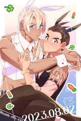 Rule 34 | 2boys, ace attorney, animal ears, antenna hair, apollo justice, belt, black vest, blue eyes, blush, border, bracelet, brown eyes, brown hair, brown pantyhose, carrot, closed mouth, clover, collar, cropped vest, dark-skinned male, dark skin, dated, detached collar, earrings, fake animal ears, fake tail, fishnet pantyhose, fishnets, hair between eyes, heart, highres, hug, jewelry, klavier gavin, lapels, looking at viewer, male focus, medium hair, midriff, multiple boys, nam eh co, necktie, nontraditional playboy bunny, pantyhose, parted lips, pink shirt, rabbit ears, rabbit symbol, rabbit tail, ring, shirt, short hair, sleeve garter, sleeves rolled up, sweat, tail, twitter username, vest, white border, white collar, white necktie, white vest, wide-eyed, wrist cuffs, yaoi