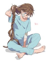Rule 34 | 1boy, bandage on face, bandaged arm, bandages, bandaid, bandaid on face, barefoot, blue eyes, brown hair, collarbone, duo maxwell, full body, gundam, gundam wing, hair undone, hastune, highres, long hair, looking at viewer, male focus, open mouth, sitting, very long hair