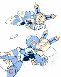 Rule 34 | 2boys, android, armor, bed, black bodysuit, blue armor, blue headwear, blush, bodysuit, breastplate, chibi, closed eyes, commentary request, covered navel, full body, fuse, fuse man, gloves, heart, helmet, highres, holding hands, hug, joints, kiss, looking back, lying, male focus, mega man (character), mega man (classic), mega man (series), mega man 11, multiple boys, multiple views, on bed, pillow, purple eyes, robot, robot ears, robot joints, simple background, sweatdrop, vambraces, wenyu, white background, white gloves, yellow armor, yellow headwear