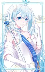 Rule 34 | 1girl, :d, blue eyes, blue hair, choker, collarbone, crown, dress, elbow gloves, floating hair, gloves, hair between eyes, hatsune miku, holding, holding staff, ihara asta, long hair, mini crown, musical note, open mouth, osage (8545675), sleeveless, sleeveless dress, smile, snowflakes, solo, staff, standing, strapless, strapless dress, twintails, very long hair, vocaloid, white dress, white gloves, yuki miku, yuki miku (2019) (candidate no.4)