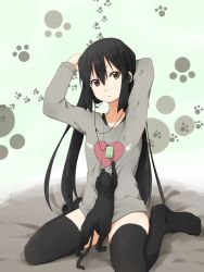 Rule 34 | 1girl, animal, arms up, black cat, black hair, black thighhighs, brown eyes, cat, censored, convenient censoring, digital media player, earphones, k-on!, kagiana, long hair, nakano azusa, no shoes, paw print, sexually suggestive, sitting, solo, thighhighs, twintails, very long hair, wariza, yonic symbol